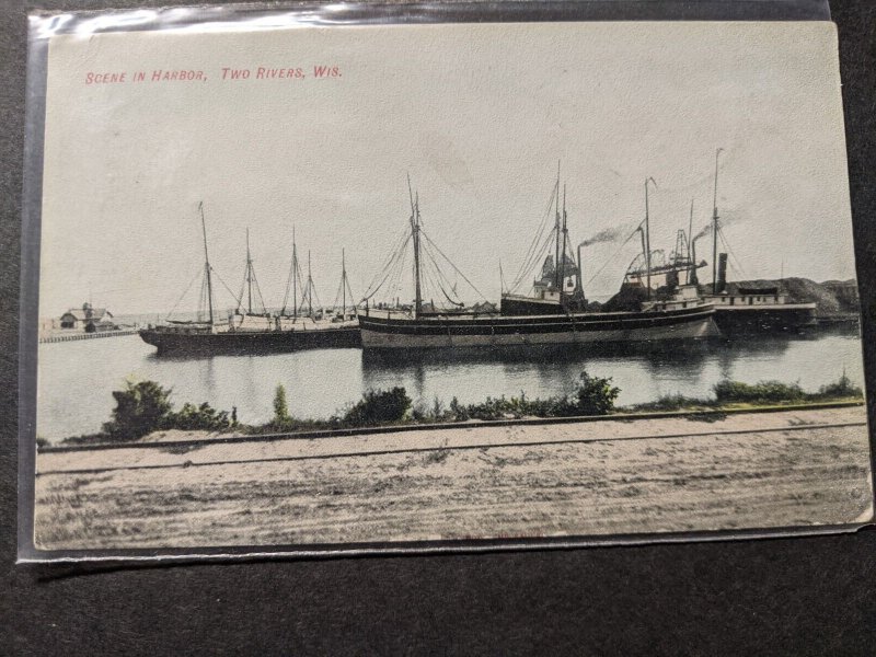 HARBOR, TWO RIVERS to MEDFORD, WISCONSIN 1907 Postal History Cover SHIP Postcard 