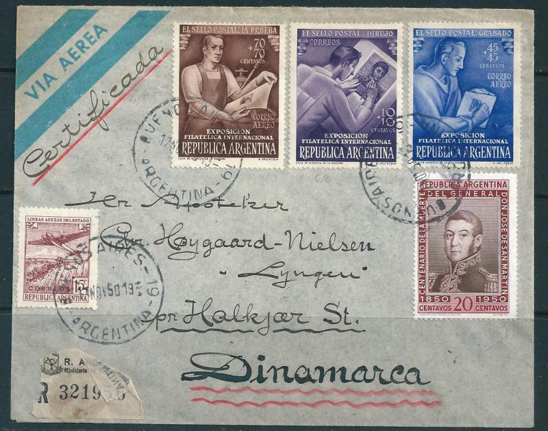 ARGENTINA : V025 - 1950 Exp. Fil. on reg. cover to Denmark