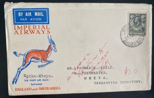 1932 Mpika Northern Rhodesia Emergency Flight Airmail Cover To Mbeya Tanganyika