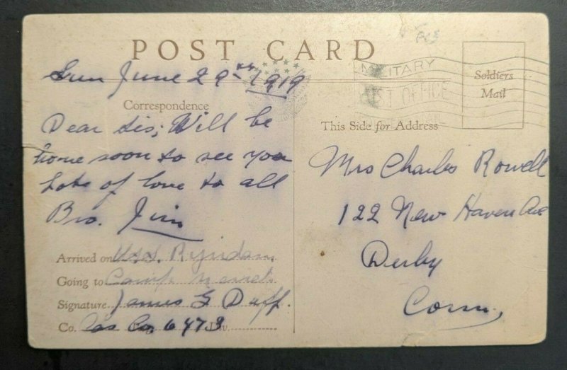 1919 WWI Comic Postcard Military Post Office Cancel to Connecticut