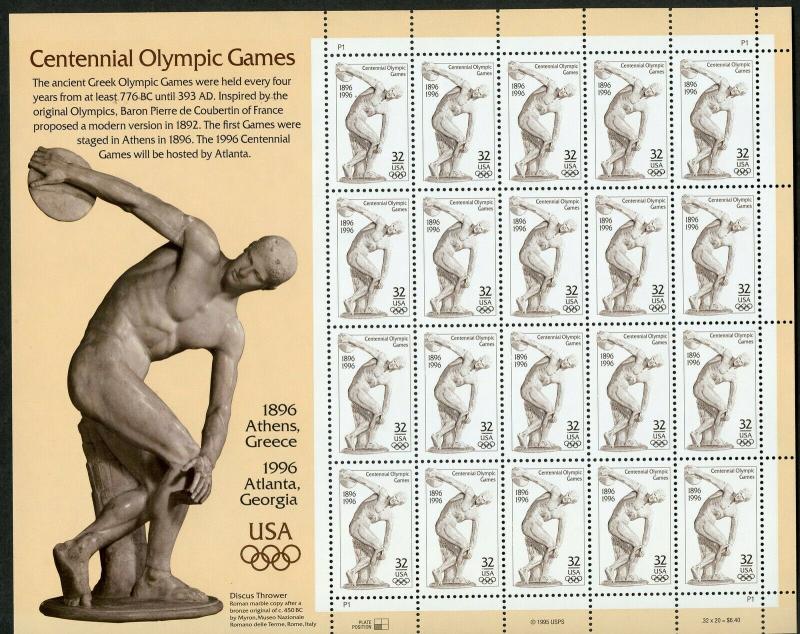 US SCOTT# 3087 CENTENNIAL OLYMPICS COMPLETE SHEET OF 20 STAMPS MNH AS SHOWN