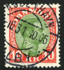 Denmark #131 Cat$55, 1928 10k vermilion and yellow green, used