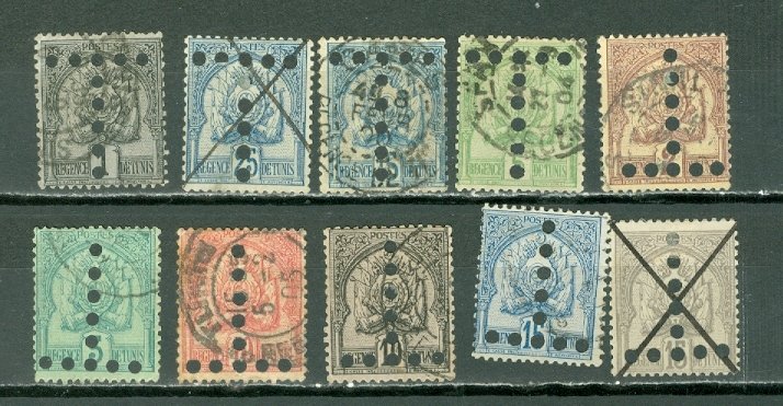 TUNISIA (10) EARLY PERFORATED TAX STAMPS