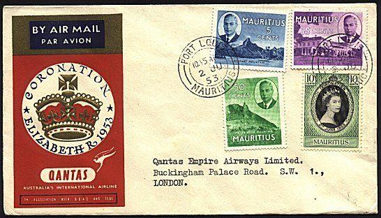 MAURITIUS 1953 Qantas Coronation flight cover to London....................93459