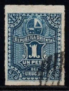 1877 Uruguay 1 Peso used Gem 4 margins Coat of Arms flag sun horse