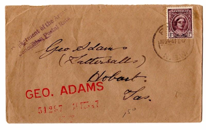 1947 Hobart Tasmania Australia Department of the Army Geo Adams Cover 