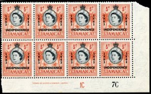 Jamaica 1962 QEII ½d black & deep orange-red imprint/plate block MNH. SG 181.