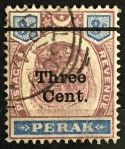 MALAYA PERAK 1900 Three Cent opt 8c Tiger Used SG#84 M3498