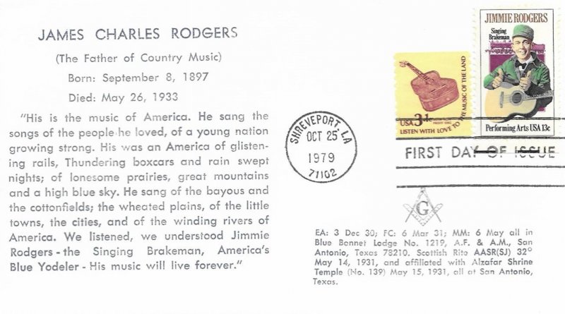 1978 FDC, #1755, 13c Jimmie Rodgers, Masonic