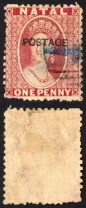 Natal SG76 1d Rose opt Postage (locally) Cat 95 pounds