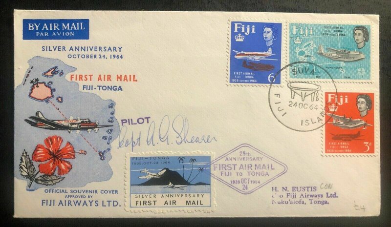 1964 Suva Fiji First Flight Airmail Cover FFC To Nuku’alofa Tonga Pilot Signed
