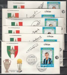 Ajman, Mi cat. 303-308 B. Int`l Soccer Players, IMPERF on 6 First day covers. ^