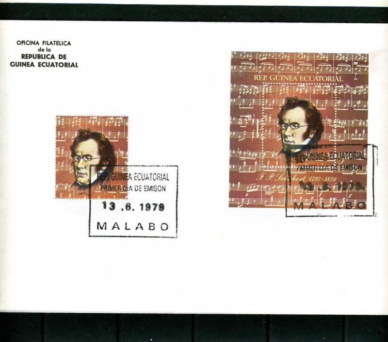 Equatorial Guinea 1979 Schubert set + s/s Perforated in official FDC