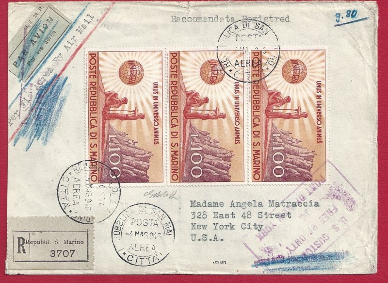 1946 SAN MARINO, No. 296 UNRRA (x5)+ No. 295 on New York Travel Letter