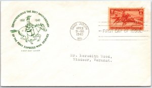 US FIRST DAY COVER 80th ANNIVERSARY OF THE PONY EXPRESS HF FARNHAM CACHET 1940