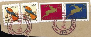 US #3360-61 used. Post Marks. Christmas - Jumping Reindeer & Kestrals.  Nice.