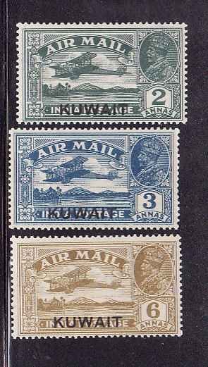 Kuwait-Sc#C1-C2,C4-unused 3/4 Airmail set-C1 hinge remnant, C2,C4 LH-`1933-4-