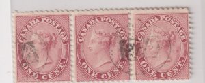 CANADA #14 one cent rose USED HORIZONTAL STRIP of 3 oval intaglio monogram cance