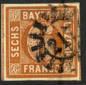 GERMAN STATES / BAVARIA 1849 6kr BROKEN CIRCLE IMPERF Sc 3 VFU
