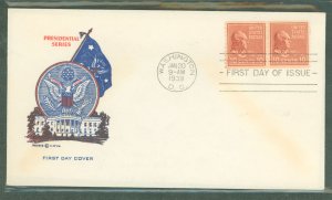 US 847 1939 10c John Tyler (presidential/prexy series) coil pair on an unaddressed first day cover with a Pavois cachet.