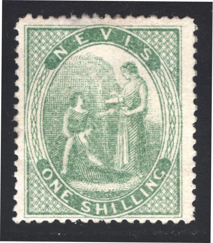 Nevis 1878 1s Pale Green (Scott Gray Green) PERF 15 Scott 17 SG 20 MH Cat $100