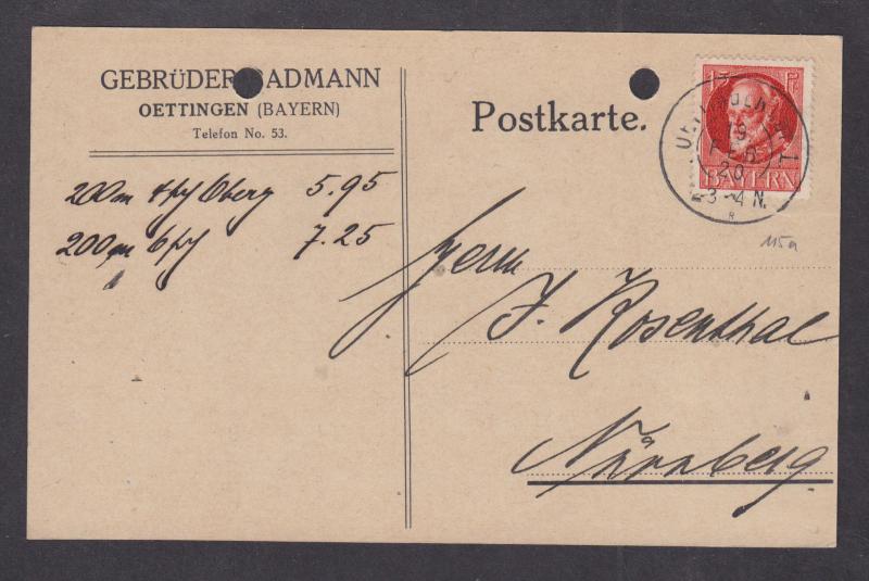 Bavaria, Scott 100v, Mi115Aa on 1920 post card to Nurnberg