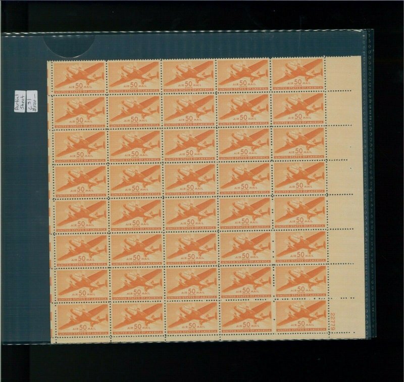 1941 United States Air Mail Postage Stamp #C31 Plate No 22779 Mint Partial Sheet