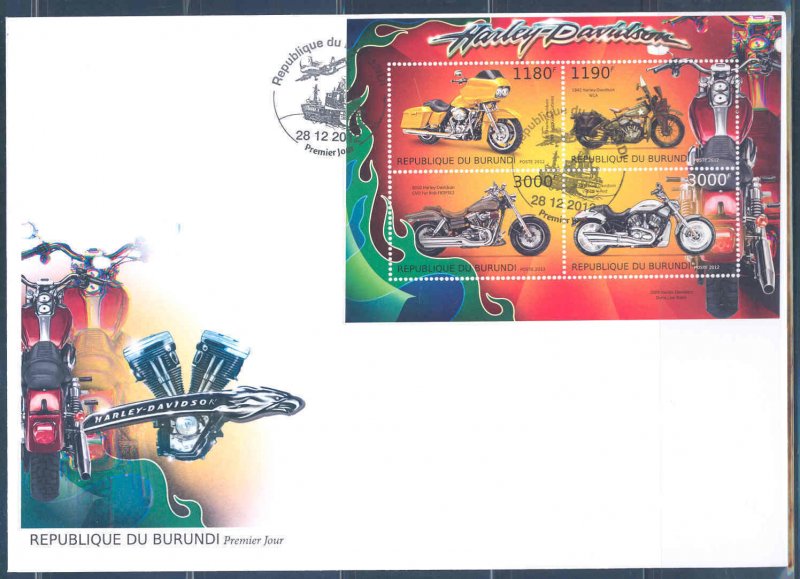 BURUNDI 2012 HARLEY DAVIDSON MOTORCYCLES SHEET OF 4 FDC 