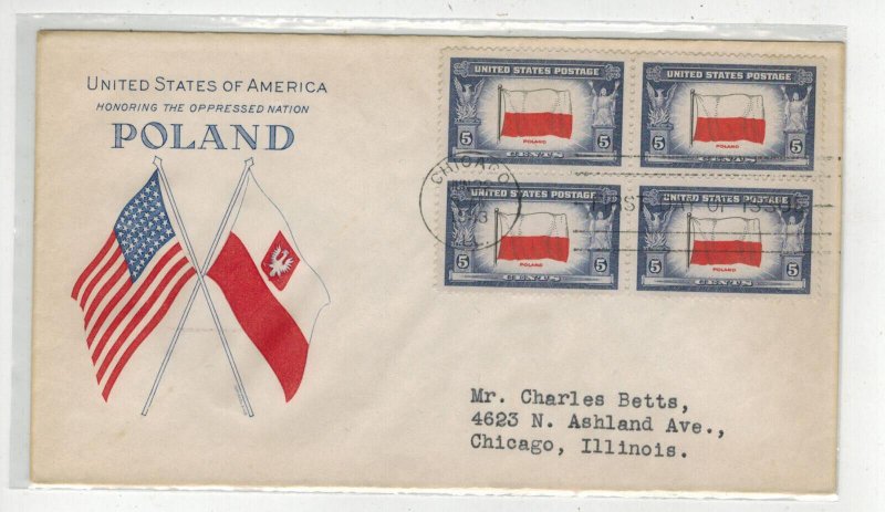 1943 WW2 Patriotic OVERRUN COUNTRIES 909-8 POLAND GRIMSLAND BLOCK OF 4 Chicago