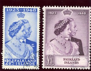 Falkland Is 1948 KGVI Silver Wedding set complete VFU. SG 166-167. Sc 99-10.