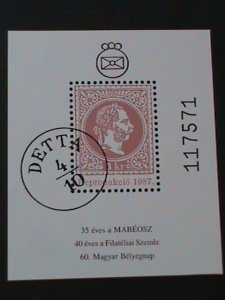 ​HUNGARY-KING FRANZ JOSEF I PROOF S/S SHEETVF 40TH STAMP SHOW-FANCY CANCEL