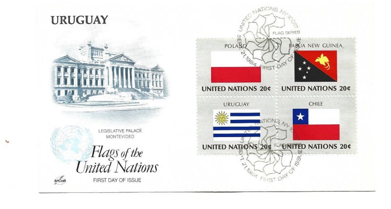 United Nations #433-36 Flags 1984 Poland Papua Uruguay Chile ArtCraft blk 4 FDC