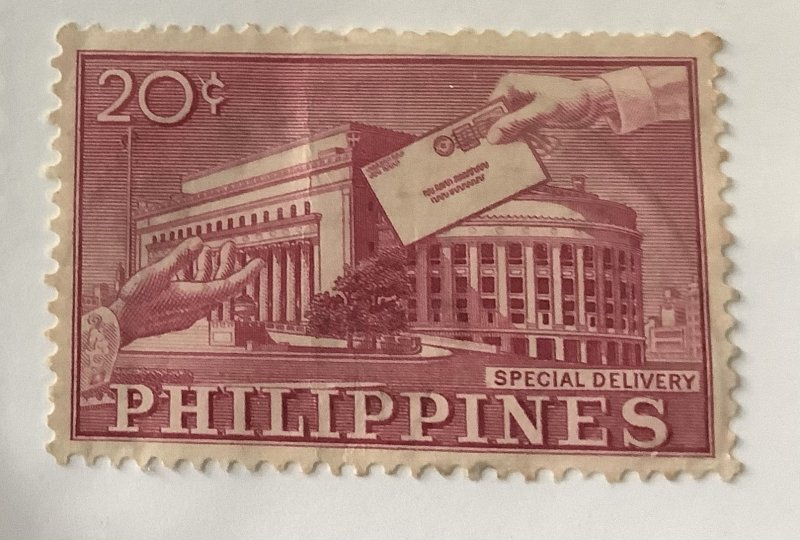 Philippines 1962 Scott E12 used - 20c, Manila Post Office & hands with letter