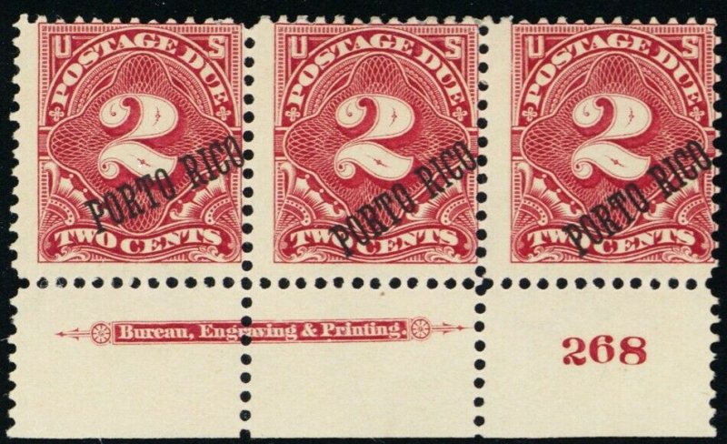 Puerto Rico #J2, Mint OG PL# & Imprint Strip of 3 Diff Ovpt Degrees Stuart Katz