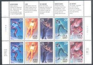 U.S.#2811a Winter Olympics 29c Plate Block of 10 w/ Inscriptions, MNH.