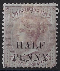 Mauritius 1879 QV 1/2d on 9d o/p sg 76/Sc43. MH, CV £28 ($35)             (a1224