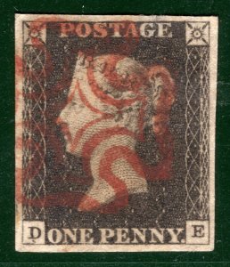 GB PENNY BLACK 1840 QV Stamp SG.2 1d Plate 3 (DE) Used Red MX Cat £500- BRRED26 