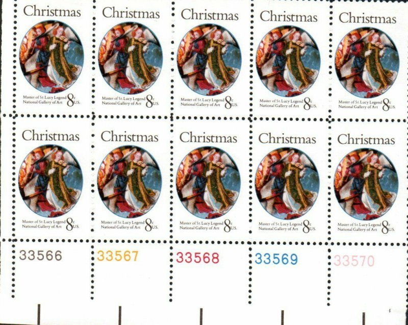 1972 U.S. Scott 1471 8c Christmas Master of St Lucy Legend Plate Blk of 10 MNH