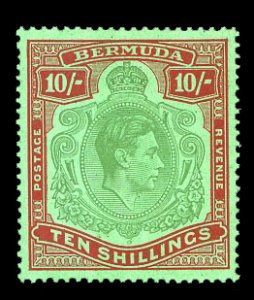 Bermuda #126a (SG 119c) Cat£70, 1943 George VI, 10sh red and green, perf. 14...