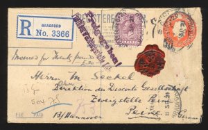 UK 1921 6D ON REGISTERED 2D+3D POSTAL STATIONERY COVER BRADFORD TO PEINE GERMANY
