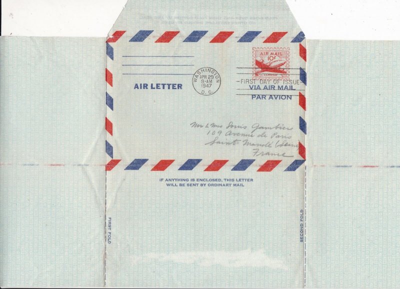 U.S. Airmail Air Letter Washington D.C. 1947 Cancel 10c FDC To France Ref 44617