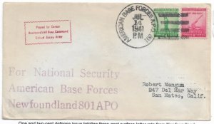 APO 801 St John's Newfoundland to San Mateo, Ca 1941 1c & 2c For Defense (M5959)