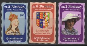 GRENADINES OF ST.VINCENT SG229/31 1982 BIRTHDAY OF THE PRINCESS OF WALES MNH