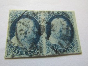 US Stamps,Scott #7 Type II Used 1851,B Reliefs from Plate 2, Positions 89L2&90L2