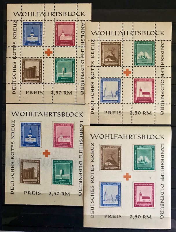 Post WWII Locals: Oldenburg 4 MNH Souvenir Sheets 1948