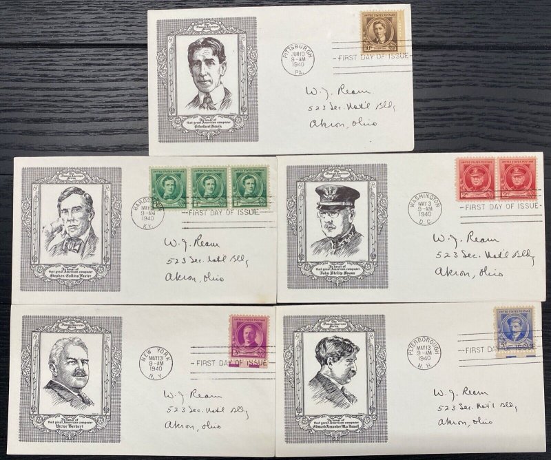 #879-883 Famous American Composer Caokley HA cachet First Day covers set of 5