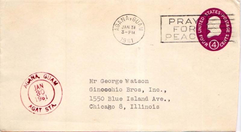 Guam 4c Franklin International Envelope 1961 Agana, Guam, Agat Sta. to Chicag...