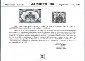 ENGRAVED SOUVENIR CARD COMMEMORATING AUSIPEX '84 MELBOURNE AUSTRALIA 1984