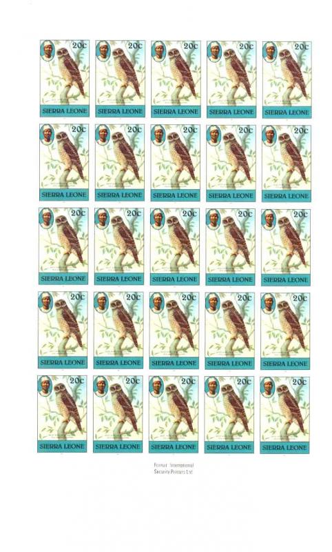 Sierra Leone 470 MNH imperf.sheet of 25 Birds(Owl)