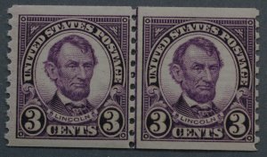 United States #600 Three Cent Lincoln Coil Line Pair MNH